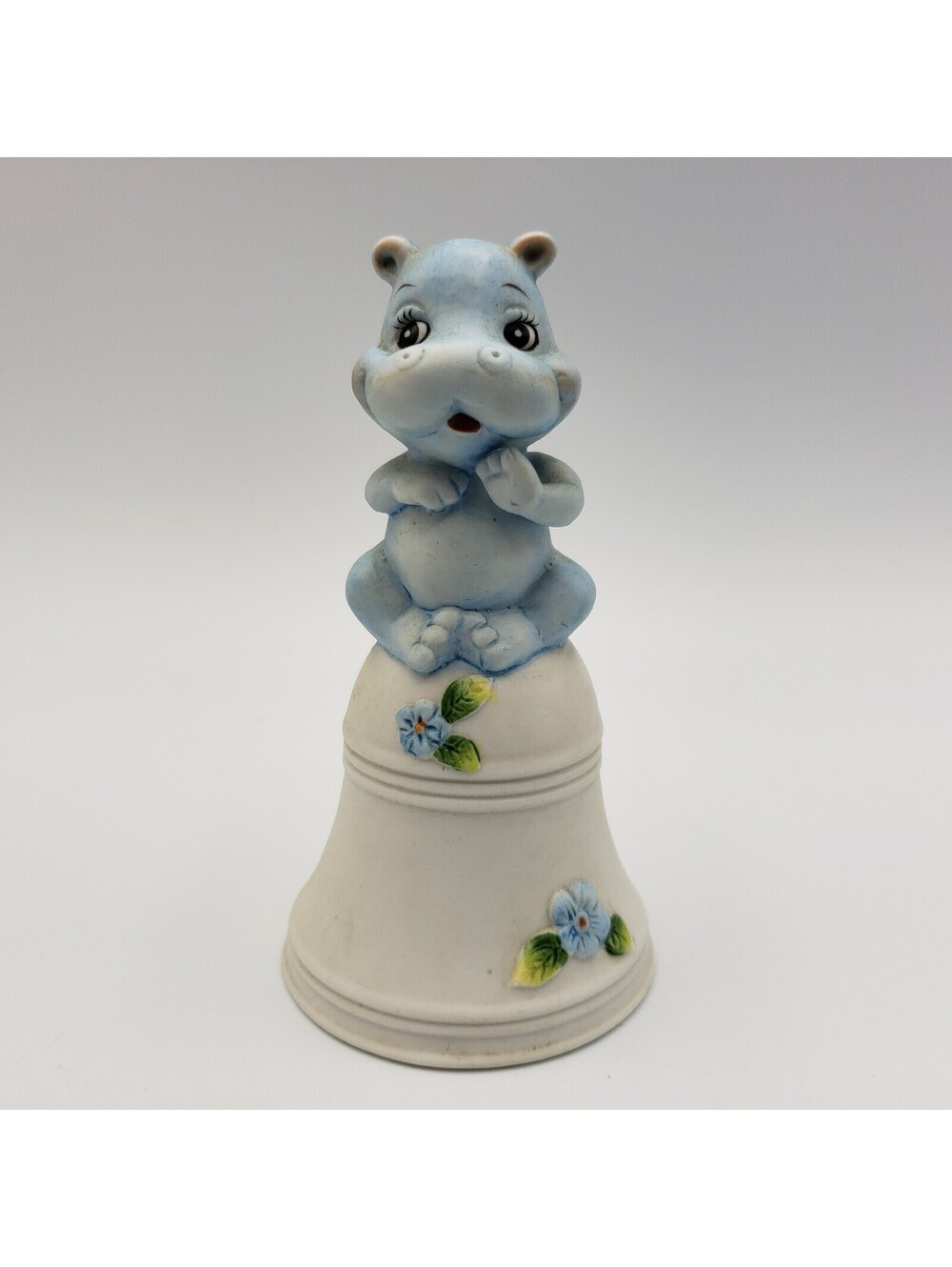 Vintage Bisque Porcelain Bell Blue Hippo Flower Taiwan ROC Big Eyes Hippopotamus